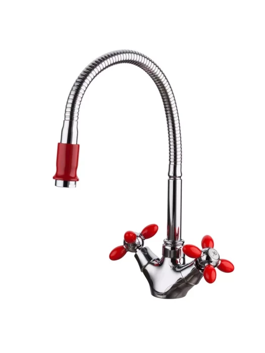 Смеситель Frud R43127-10, для кухни с гибким изливом, вентильный, красный