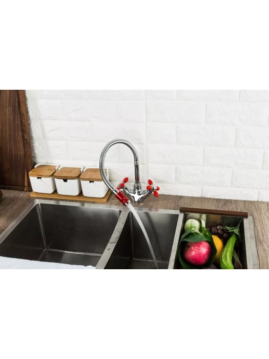 Смеситель Frud R43127-10, для кухни с гибким изливом, вентильный, красный