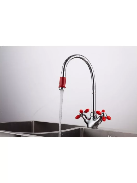 Смеситель Frud R43127-10, для кухни с гибким изливом, вентильный, красный