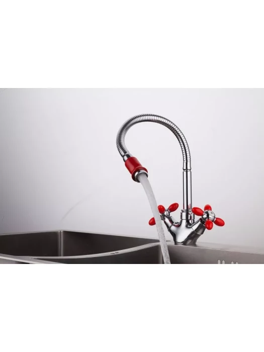 Смеситель Frud R43127-10, для кухни с гибким изливом, вентильный, красный