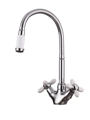 Смеситель Frud R43127-7, для кухни с гибким изливом, вентильный, белый