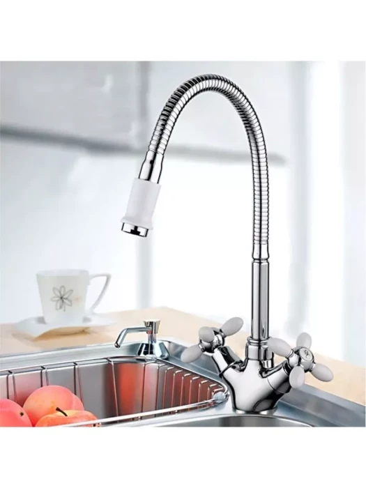 Смеситель Frud R43127-7, для кухни с гибким изливом, вентильный, белый