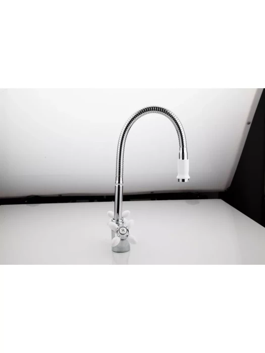 Смеситель Frud R43127-7, для кухни с гибким изливом, вентильный, белый
