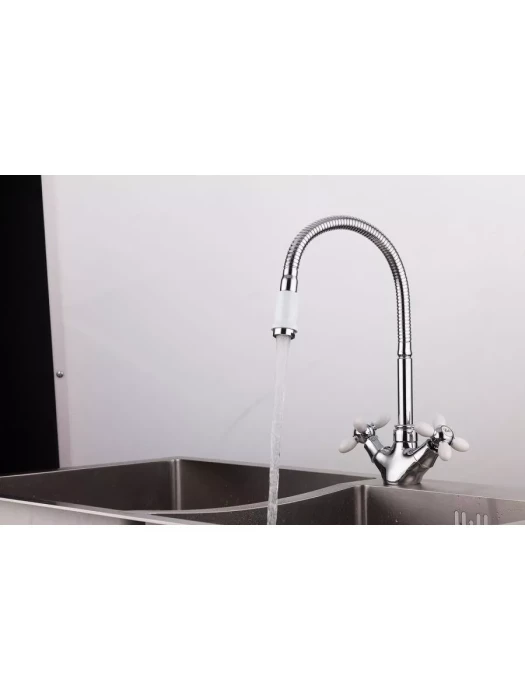 Смеситель Frud R43127-7, для кухни с гибким изливом, вентильный, белый