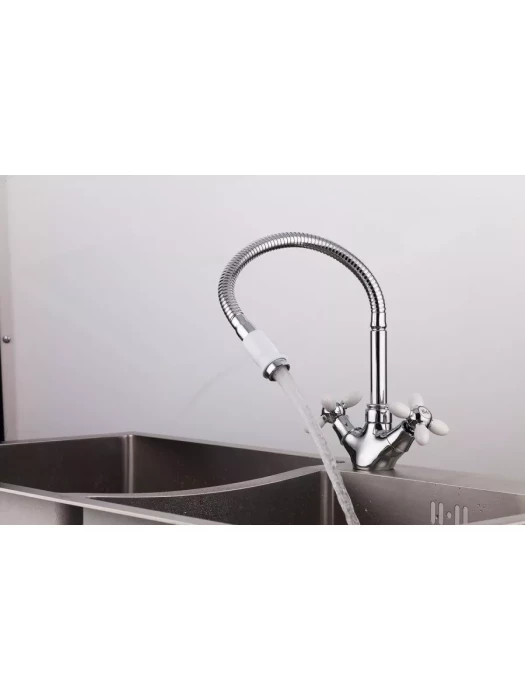 Смеситель Frud R43127-7, для кухни с гибким изливом, вентильный, белый