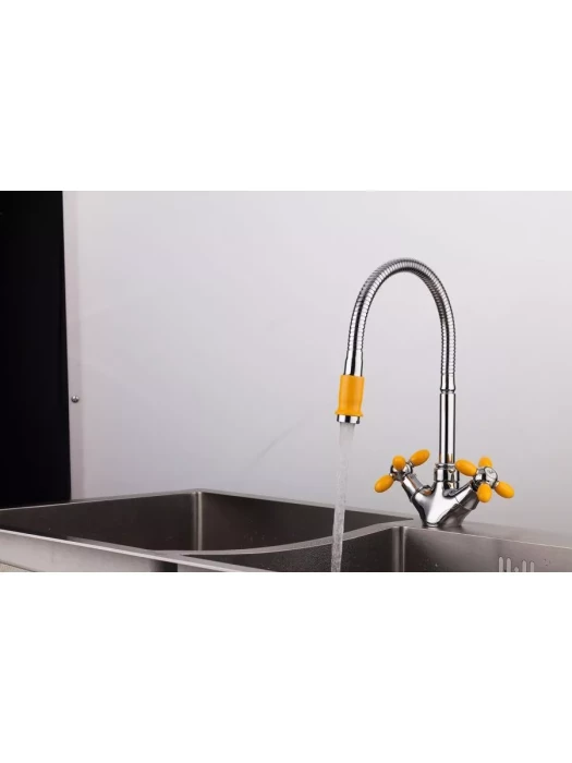 Смеситель для кухни R43127-9, с гибким изливом, силумин, хром/желтый
