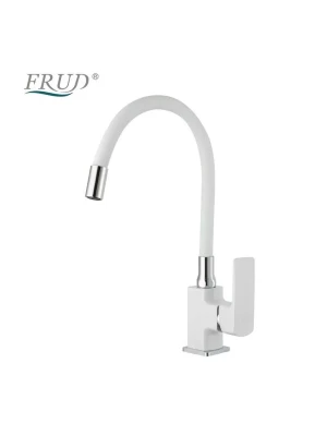Смеситель для кухни Frud R43153, с гибким изливом, однорычажный, белый/хром