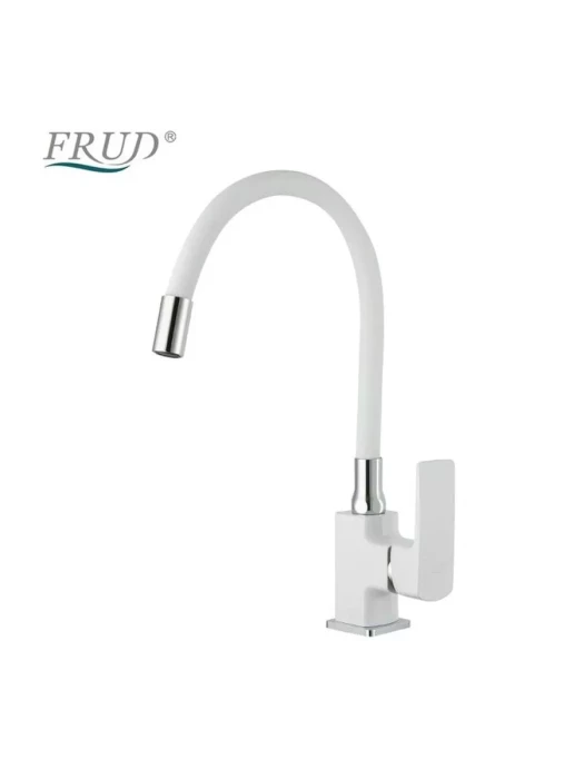 Смеситель для кухни Frud R43153, с гибким изливом, однорычажный, белый/хром