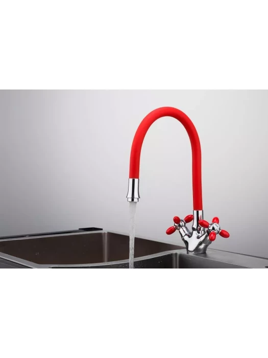 Смеситель для кухни Frud R44127-10, гибким изливом, красный, хром