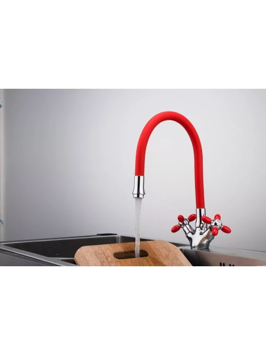 Смеситель для кухни Frud R44127-10, гибким изливом, красный, хром