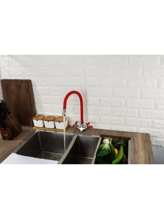 Смеситель для кухни Frud R44127-10, гибким изливом, красный, хром