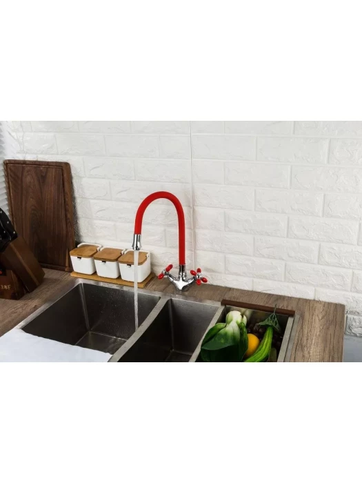Смеситель для кухни Frud R44127-10, гибким изливом, красный, хром
