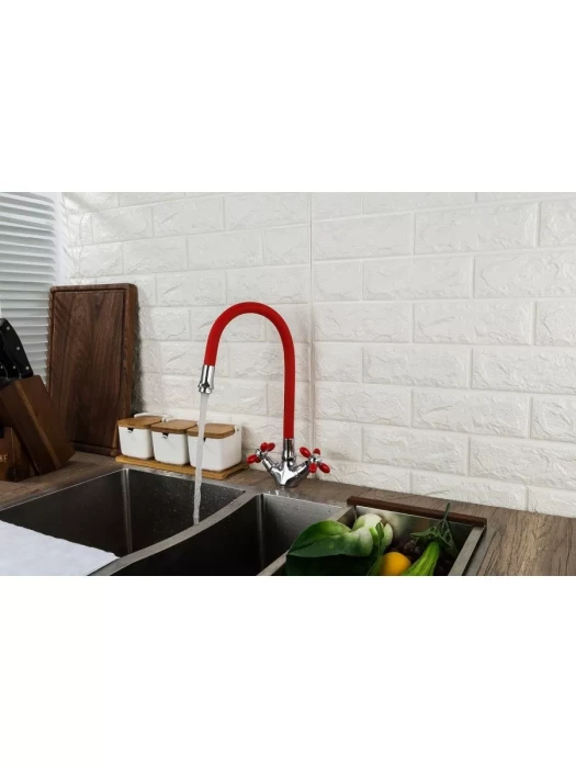 Смеситель для кухни Frud R44127-10, гибким изливом, красный, хром