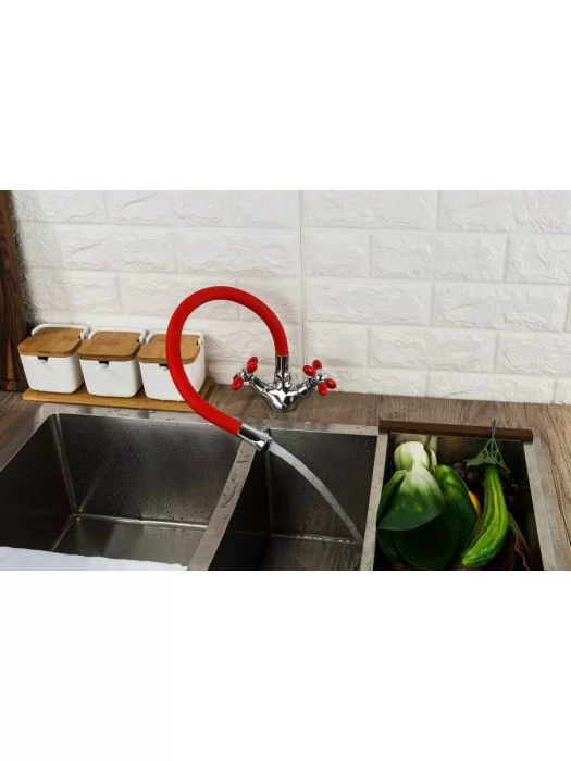 Смеситель для кухни Frud R44127-10, гибким изливом, красный, хром