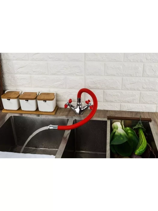 Смеситель для кухни Frud R44127-10, гибким изливом, красный, хром