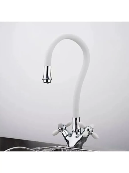 Смеситель для кухни Frud R44127-7, с гибким изливом, двухвентильный, белый/хром