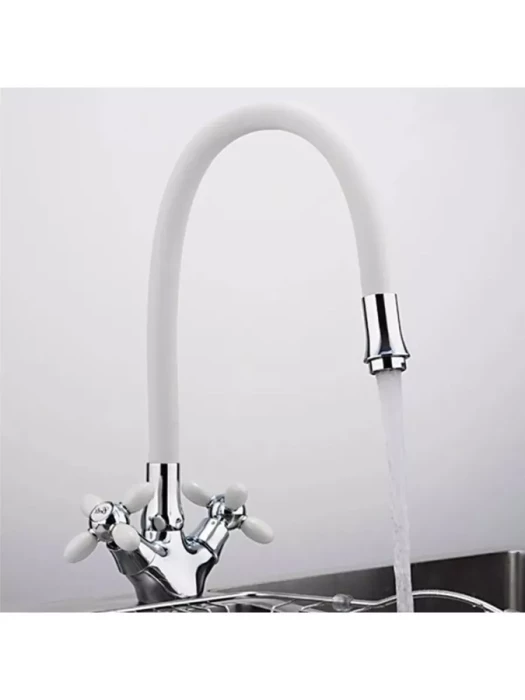 Смеситель для кухни Frud R44127-7, с гибким изливом, двухвентильный, белый/хром
