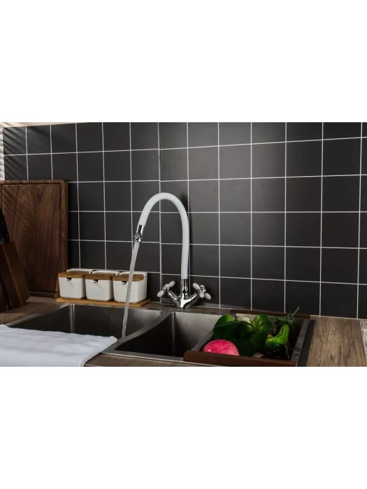 Смеситель для кухни Frud R44127-7, с гибким изливом, двухвентильный, белый/хром