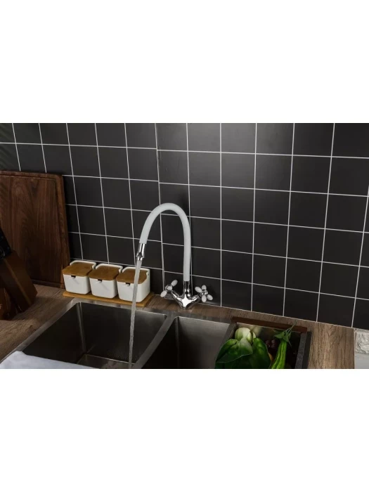 Смеситель для кухни Frud R44127-7, с гибким изливом, двухвентильный, белый/хром