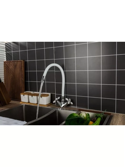 Смеситель для кухни Frud R44127-7, с гибким изливом, двухвентильный, белый/хром