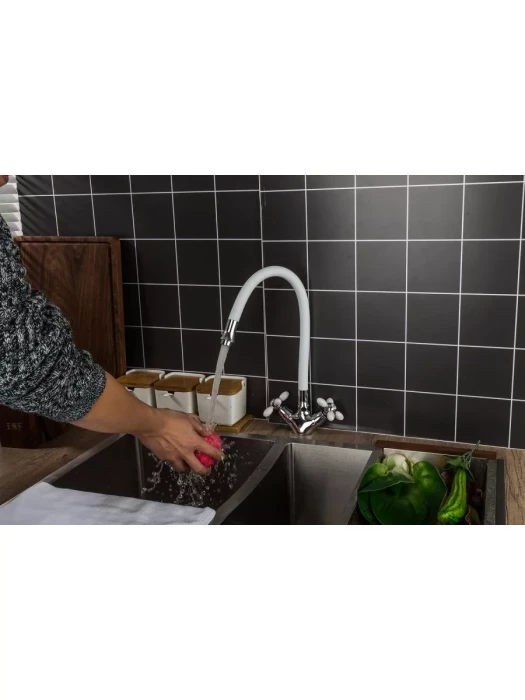 Смеситель для кухни Frud R44127-7, с гибким изливом, двухвентильный, белый/хром