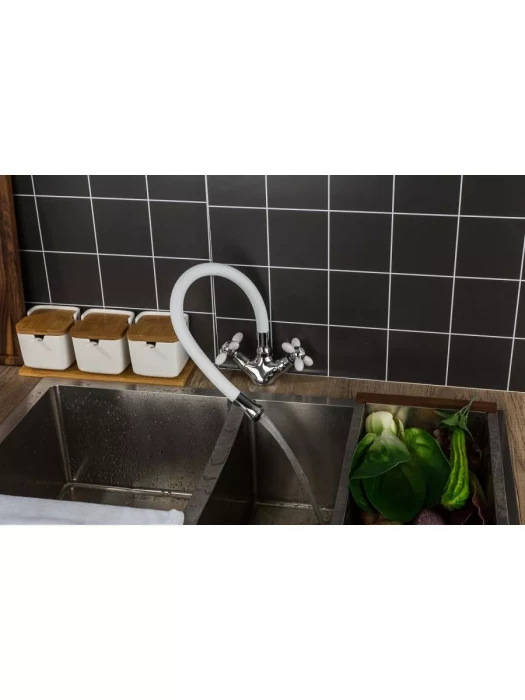 Смеситель для кухни Frud R44127-7, с гибким изливом, двухвентильный, белый/хром