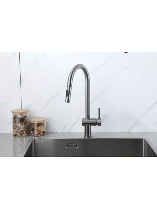Смеситель Frap F60807-9, для кухни, с выдвижной лейкой, нержавеющая сталь, цвет оружейной стали