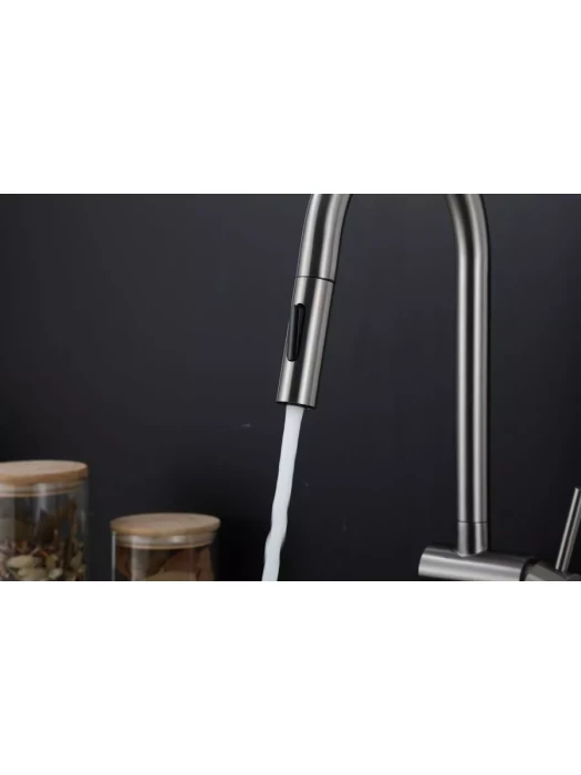 Смеситель Frap F60807-9, для кухни, с выдвижной лейкой, нержавеющая сталь, цвет оружейной стали