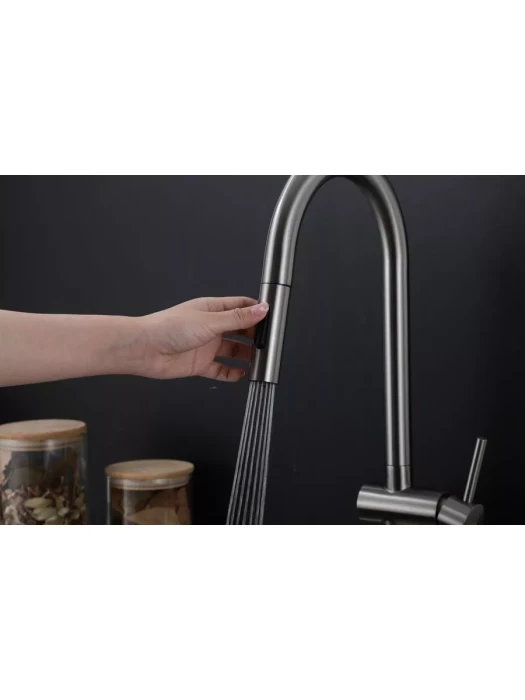 Смеситель Frap F60807-9, для кухни, с выдвижной лейкой, нержавеющая сталь, цвет оружейной стали