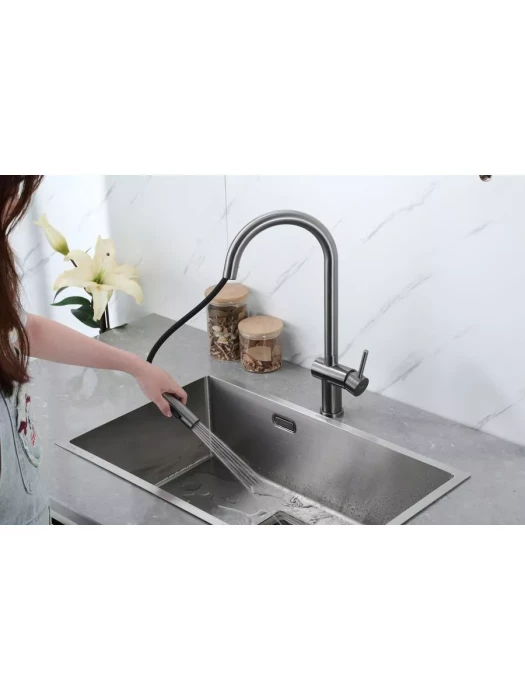 Смеситель Frap F60807-9, для кухни, с выдвижной лейкой, нержавеющая сталь, цвет оружейной стали