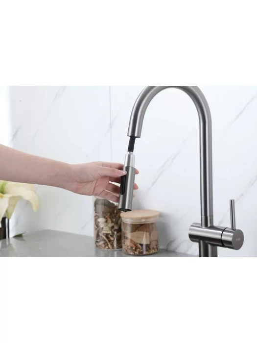 Смеситель Frap F60807-9, для кухни, с выдвижной лейкой, нержавеющая сталь, цвет оружейной стали