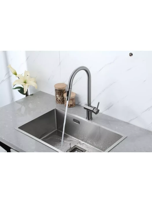 Смеситель Frap F60807-9, для кухни, с выдвижной лейкой, нержавеющая сталь, цвет оружейной стали