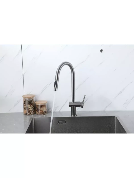 Смеситель Frap F60807-9, для кухни, с выдвижной лейкой, нержавеющая сталь, цвет оружейной стали