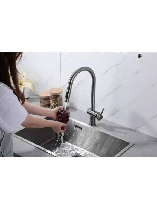 Смеситель Frap F60807-9, для кухни, с выдвижной лейкой, нержавеющая сталь, цвет оружейной стали