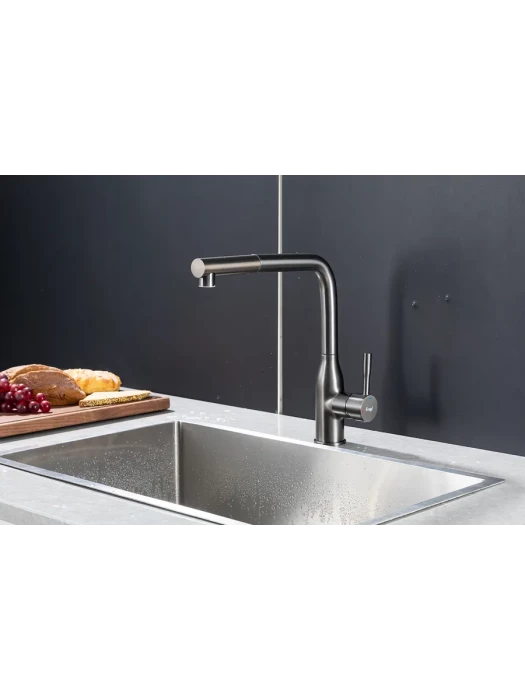 Смеситель для кухни Frap F6096-9, выдвижной излив, латунь, цвет оружейная сталь