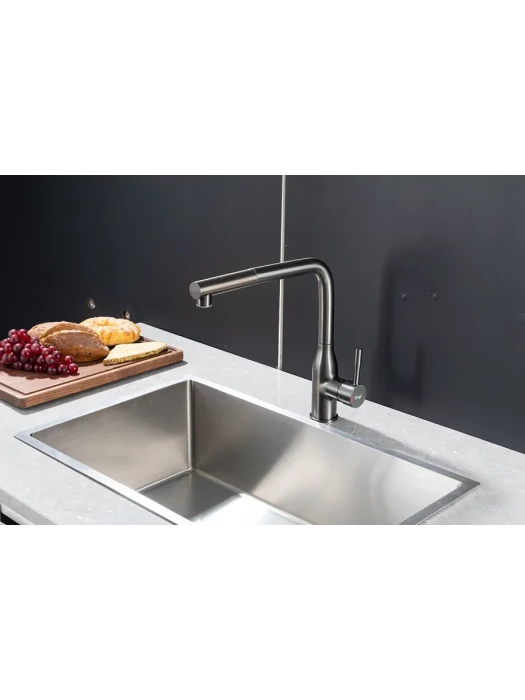 Смеситель для кухни Frap F6096-9, выдвижной излив, латунь, цвет оружейная сталь