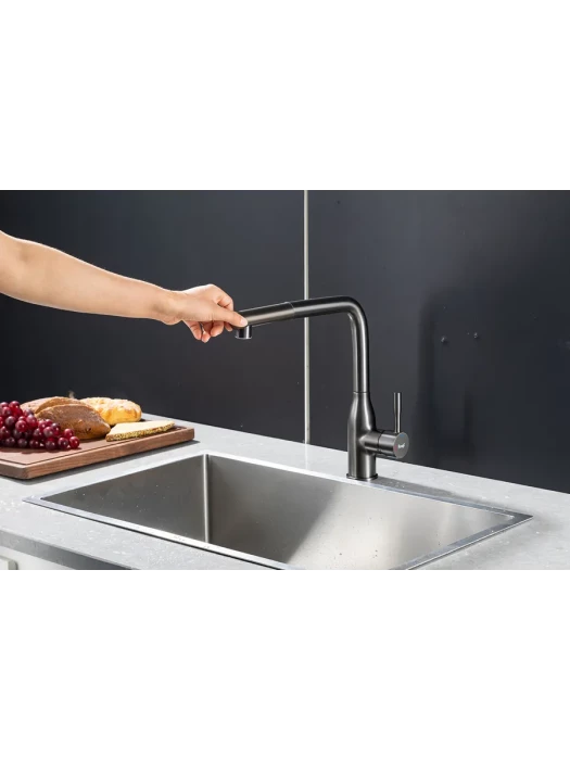 Смеситель для кухни Frap F6096-9, выдвижной излив, латунь, цвет оружейная сталь