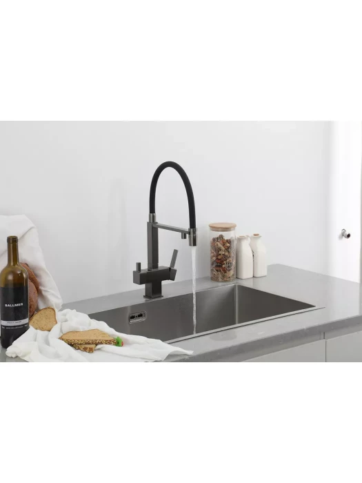 Смеситель для кухни Gappo G4395-59, подключение фильтра, гибкий излив, латунь/силикон, ружейная сталь
