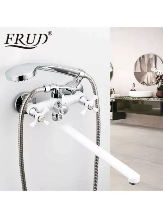 Смеситель для ванны Frud R22332 с душевой лейкой, двухвентильный, белый/хром
